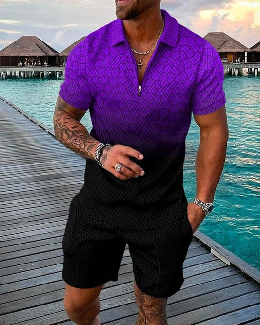 Purple Gradient Polo Shirt And Shorts Co-Ord