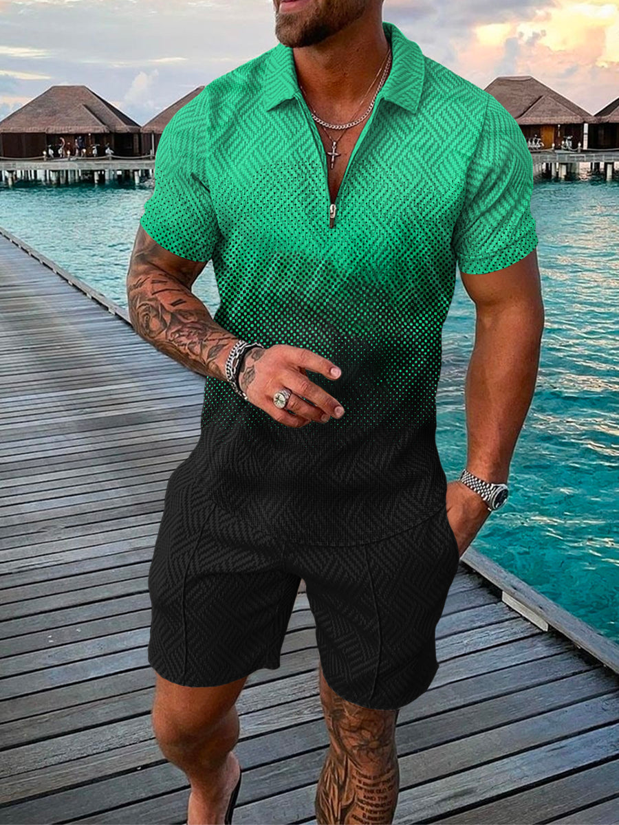 Green Digital Polo Shirt And Shorts Co-Ord